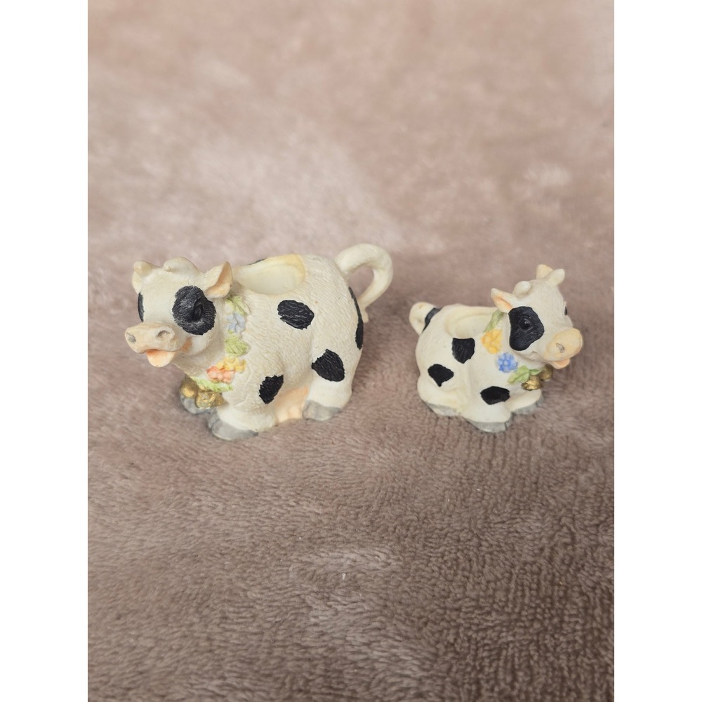 Vintage Style Cow Figurine Set Mini Holstein Farmhouse Decor 2pc